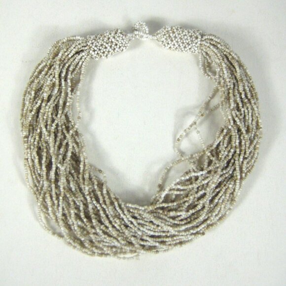 Vintage Glass Seed Bead Multi Strand Necklace Neutral Bohemian Statement 20 in - Picture 1 of 8